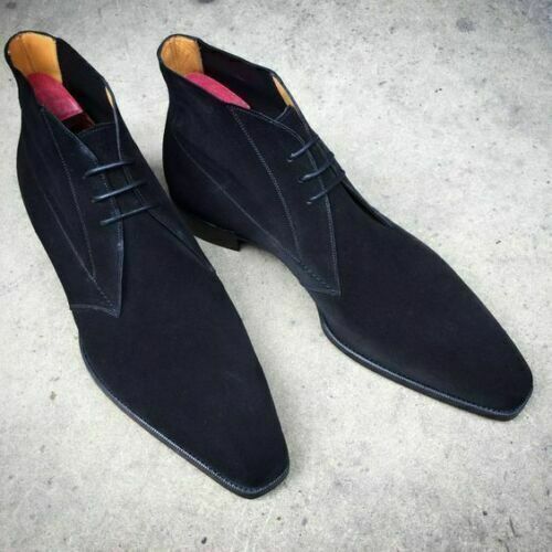 Handmade Men’s Navy Blue Chukka, Men Blue Suede Leather Lace up Boots