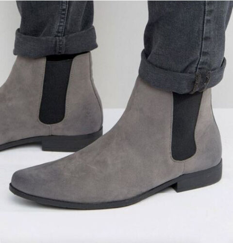 Handmade Men’s Gray Chelsea Ankle Dress Boots, Real Suede Office Business Boots