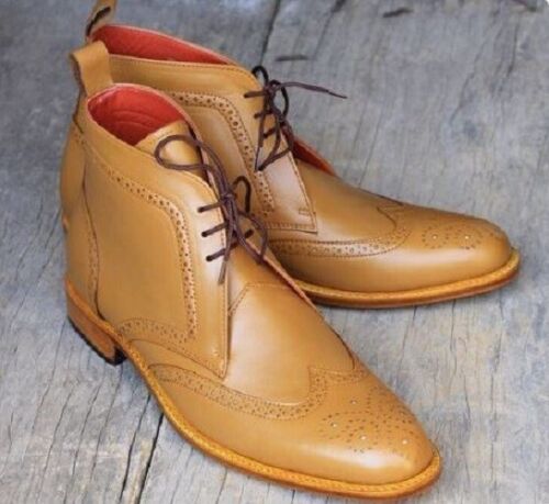 Men Tan chukka wing tip brogue lace up ankle leather dress boot, formal boot