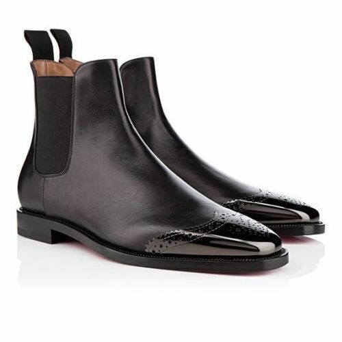 Mens Handmade Chelsea Boots Black Patent Toe Leather Style Formal Dress Casual