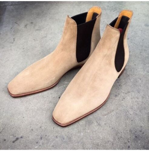 Handmade Men Beige Suede Chelsea Boots Casual Suede Ankle Boots