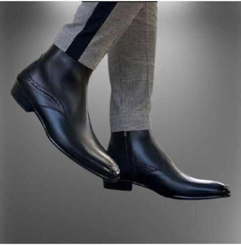 Mens Handmade Chelsea Boots Black Patent Toe Leather Style Formal Dress Casual