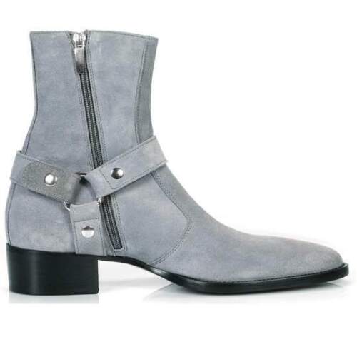 Handmade Gray Suede Leather Classic Buckle Style Ankle High Zipper Boot for Men