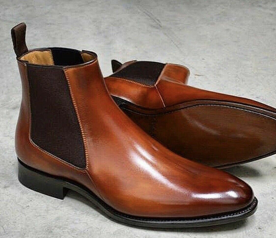 Handmade Men's Brown Leather Chelsea Boots Round Toe Ankle High Dress Shoes