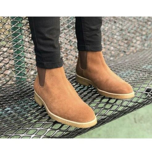 Handmade Tan Suede Chelsea Boots With Crepe Sole