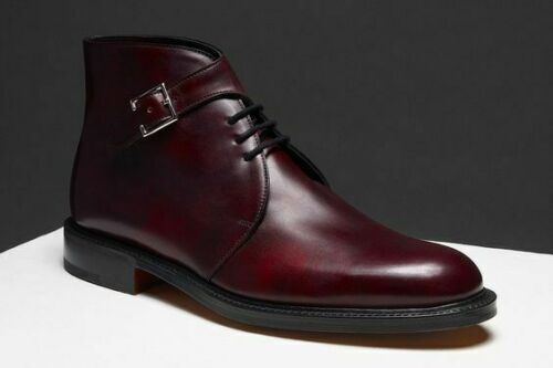 Handmade Men Dark Maroon Chukka Boots, Men Dress Lace up High Ankle Strap Boot