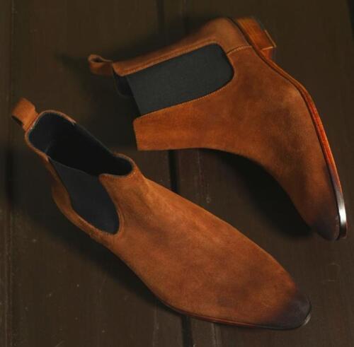 New Handmade Pure Suede Leather Tan Color Chelsea Boots For Men's