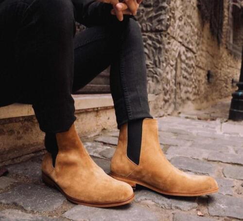 Handmade Men's Beige Suede Chelsea Slip On Boots, Men Fashion Dress Ankle Boots