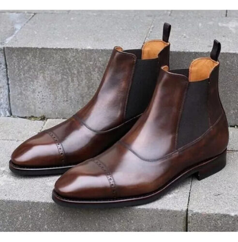 Handmade Mens Brown Casual Chelsea Boots, Men Brown Leather Ankle Boot