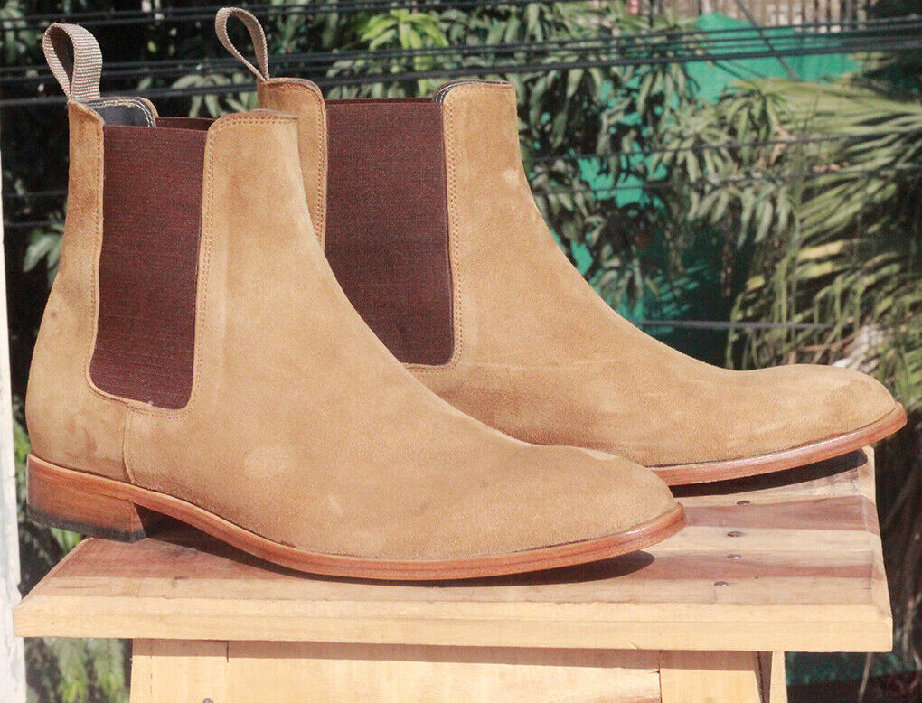 Handmade Men's Beige Suede Chelsea Boots, Men Ankle Boots, Men Designer Boots