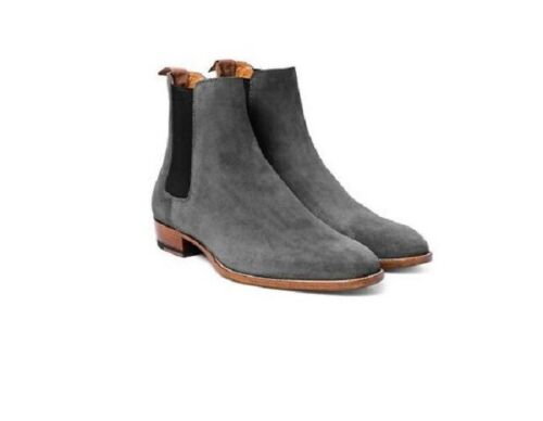 Handmade Men’s Suede Grey Chelsea Ankle Dress Boots, Genuine Leather sole shoes