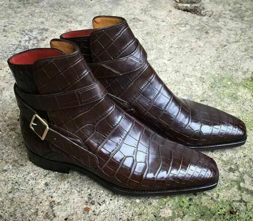 Men Handmade Brown Color Embossed Calfskin Leather Jodhpurs ankle boot