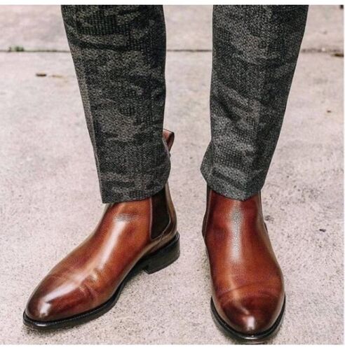 Handmade Men Brown Chelsea Round Toe Dress Boots, Real Leather Office Boots