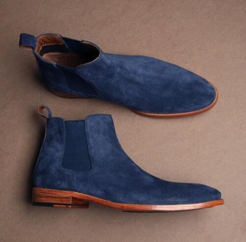 Handmade Men's Blue Suede Chelsea Slip On Boots, Men Fashion Dress Ankle Boots