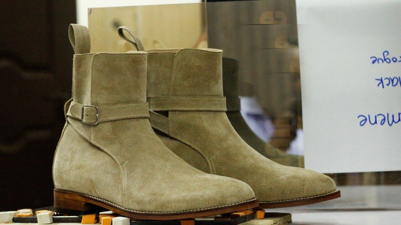 Handmade Men's Beige Suede Ankle Jodhpur Strap Boots, Men Ankle Fashion Boot