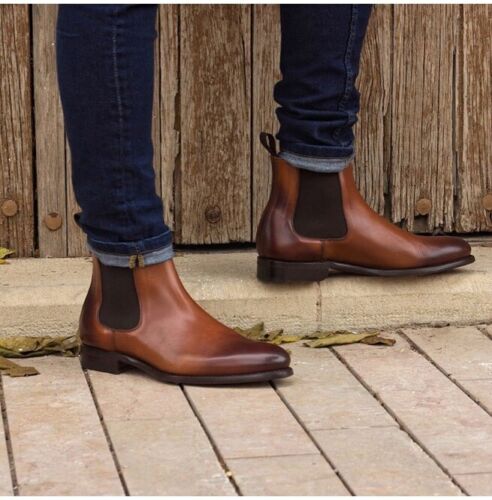 Handmade Mens Brown Leather Chelsea Boots, Men Brown Ankle Leather Boot