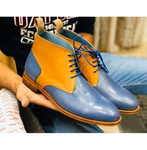 Handmade Men’s Two Tone Lace Up Leather Ankle Dress Boots, Leather Boots