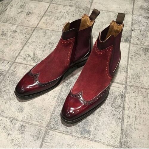 Handmade Men two tone Chelsea boots, Men burgundy ankle boots, Boots for mens