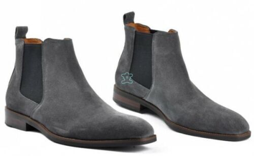 Mens Square Toe Dark Grey Ankle Boots Real Suede Leather Chelsea Shoes Cowboy