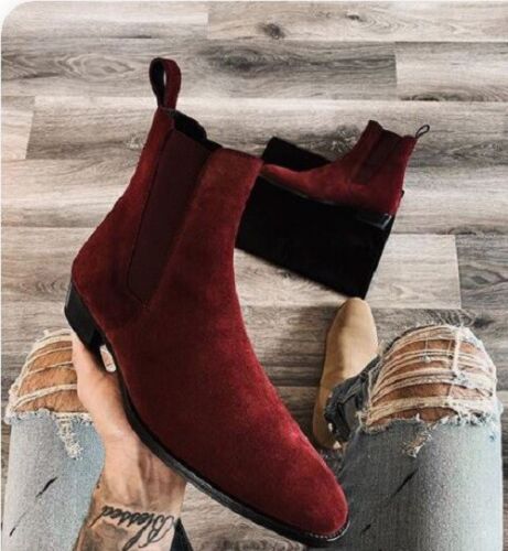 Handmade Men’s Burgundy Chelsea Dress Office Boots, Real Suede High Ankle