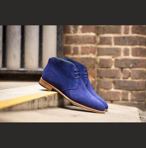 Handmade Men's Blue Suede High Ankle Lace Up Chukka Boots