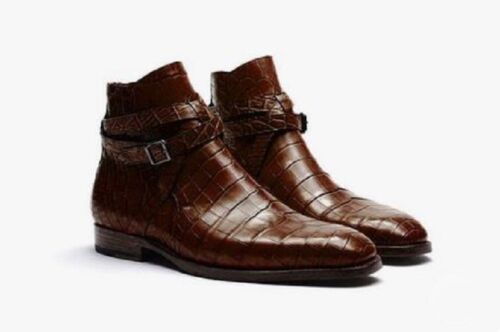 Men dark brown monk strap jodhpur ankle texture leather dress boot