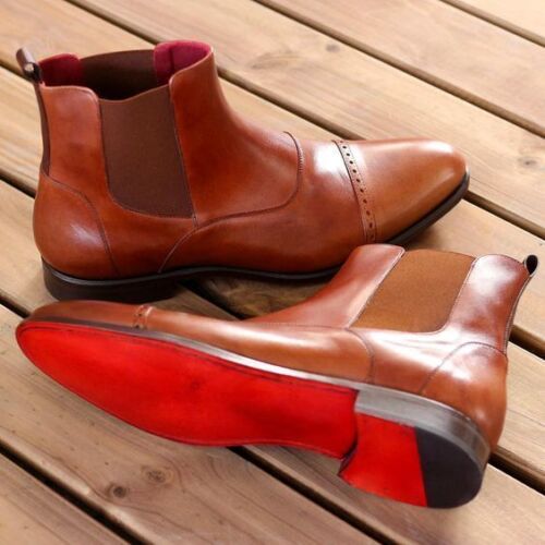 Brown Color Handmade Men Rounded Cap Toe Stylish Chelsea High Ankle Boots