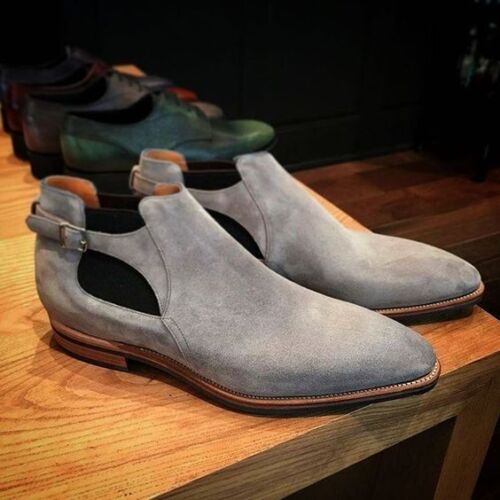 Handmade Men's Gray Suede Monk Strap High Ankle Chukka Boots