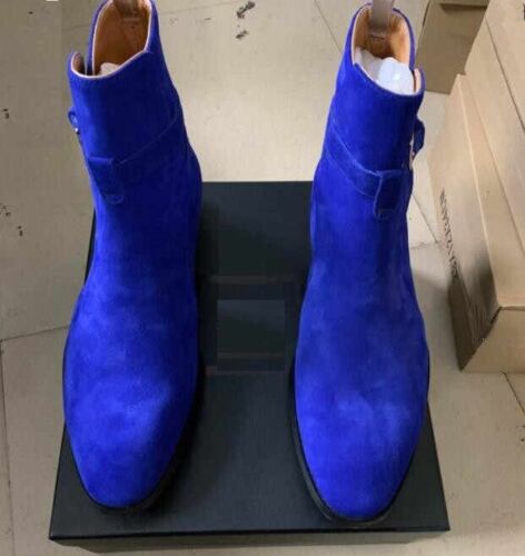 Handmade Mens Blue Suede Jodhpurs Boot, Men Blue Fashion Ankle Boots