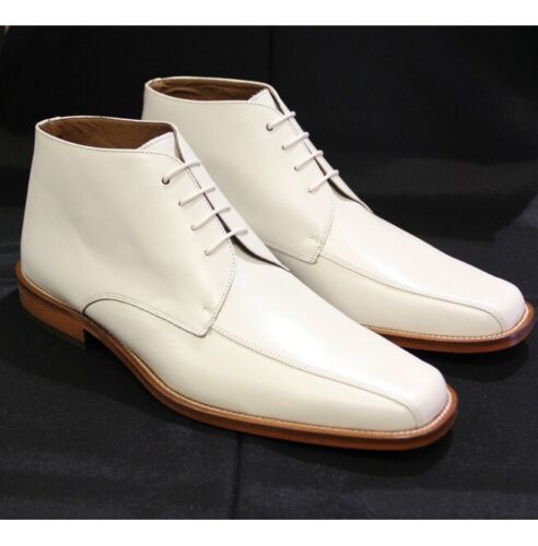 Handmade White Chukka Boots, Men Ankle Boots, Real Leather Lace Up Dress Boots