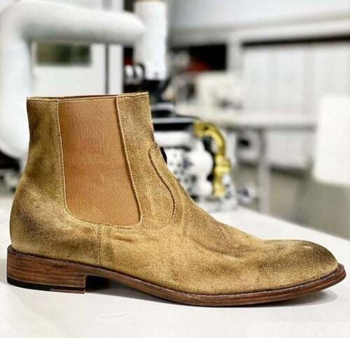 Handmade Pure Beige Suede Leather Chelsea Boots for Men’s