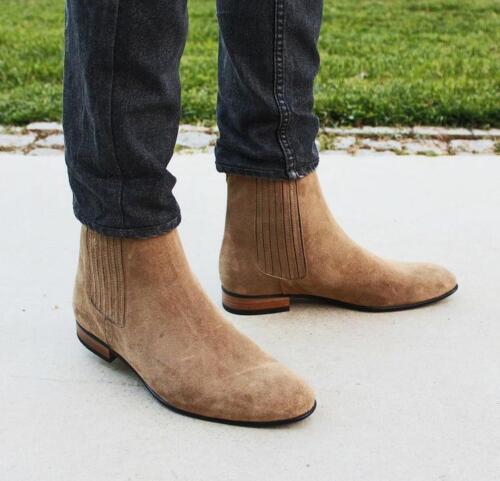 Handmade Pure Suede Beige Color Leather Chelsea Boots For Men's