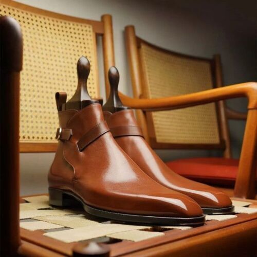 Handmade Men's Jodhpurs Tan Leather Chiseled Toe Ankle Dress Formal Boots