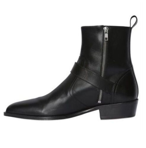 Handmade Men Black Leather Boot, ‘s Side Zipper Monk Strap Around Ankle