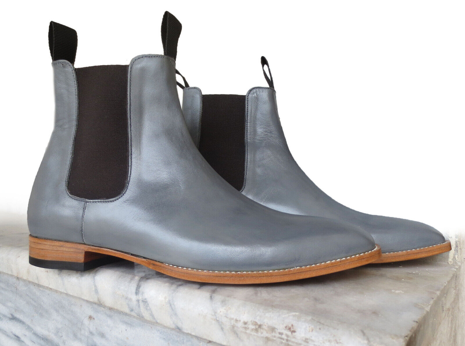 Handmade Men's Gray Color Leather Chelsea Boot, Men's High Ankle Fashion