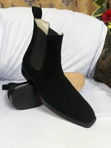 MEN HANDMADE BLACK SUEDE LEATHER CHELSEA BOOTS, ANKLE HIGH SHOE