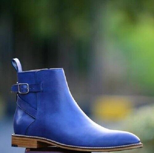 Handmade Men blue leather casual Chelsea boots, Men Jodhpurs ankle high boots