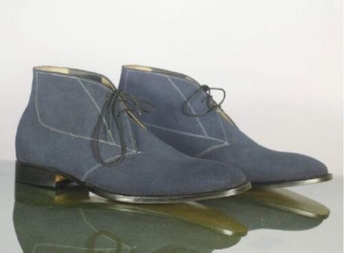 Handmade Men's Blue Suede Chukka Lace Up Ankle Boots, Men Designer Buckle Boots