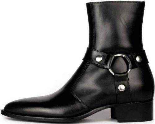 Handmade Men Black Leather Vincent Harness Zip Boots with Cuban Heel