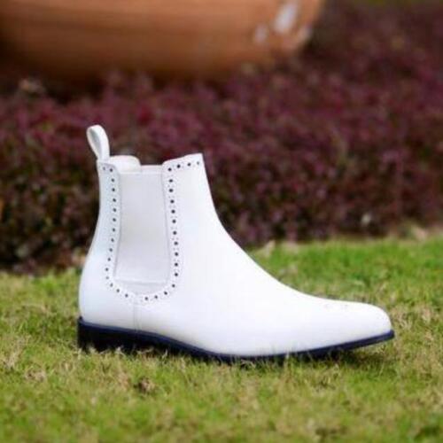 White Chelsea Jumper Slip Ons Made To Order Genuine Leather High Ankle Men Boot