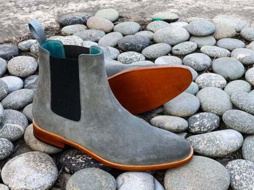 Handmade Men's Gray Suede Chelsea Slip On Boots, Men Fashion Dress Ankle Boots