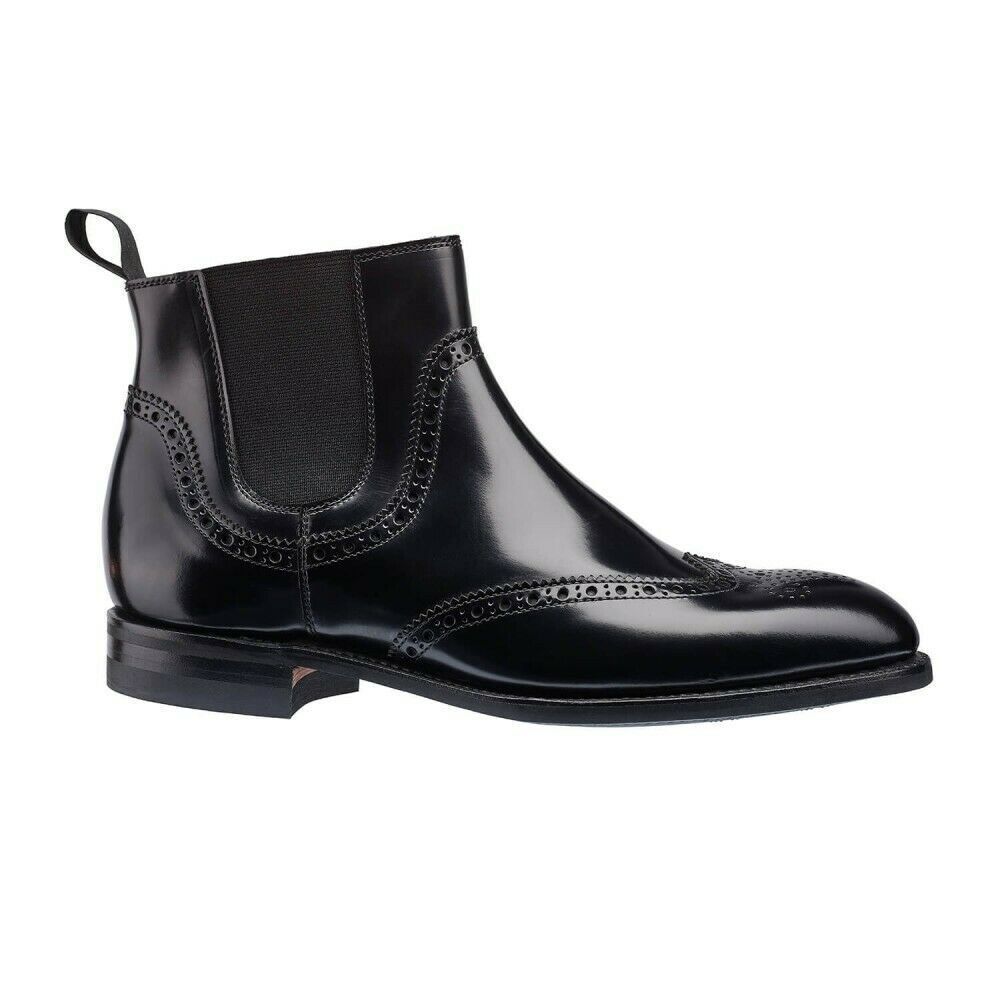 Men's Black Color Chelsea Jumper Slip On Brogue Toe Wing Tip Leather Ankle Boot