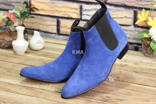 Handmade Chelsea Boot Sky Blue Color Side Elastic Slip On Suede Leather Boot