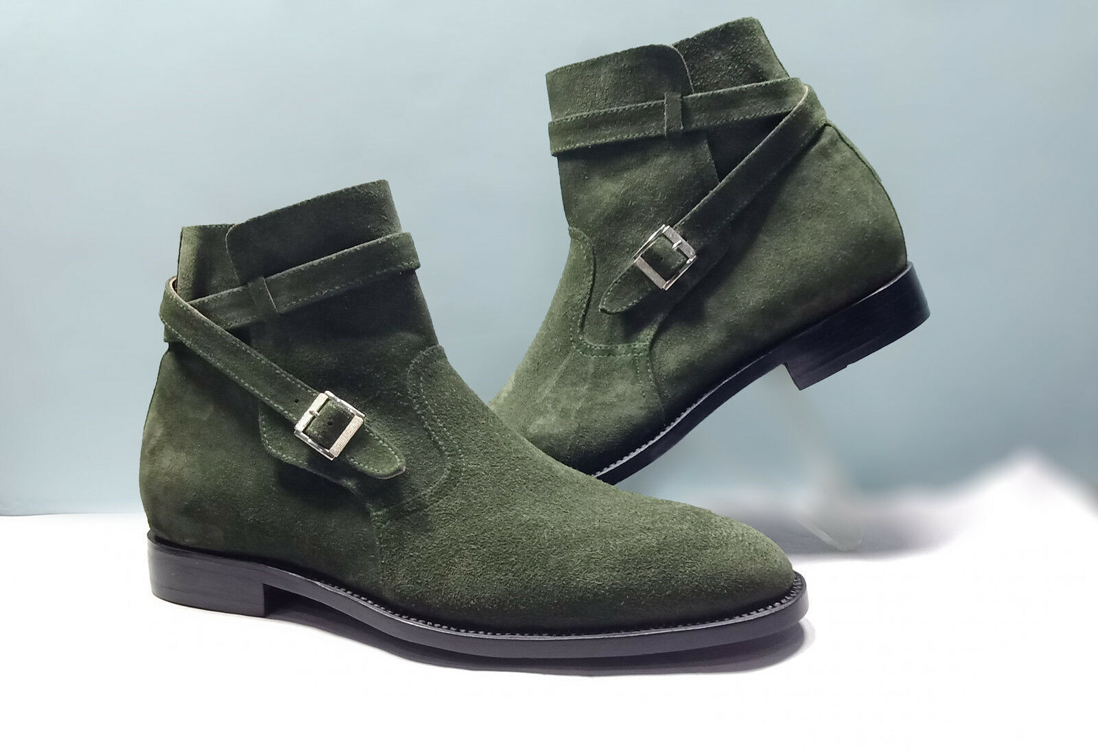 Green Jodhpur Rounded Buckle Strap Ankle Suede Leather Black Sole Boots