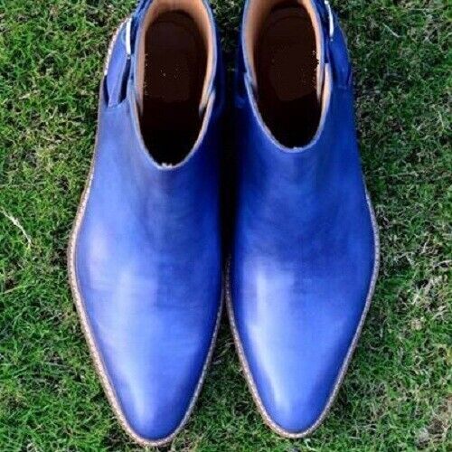 Handmade Men blue leather casual Chelsea boots, Men Jodhpurs ankle high boots