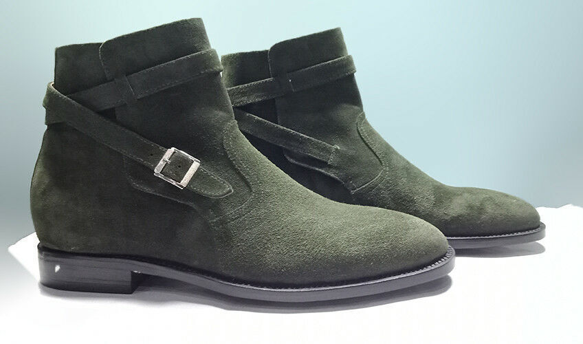 Green Jodhpur Rounded Buckle Strap Ankle Suede Leather Black Sole Boots