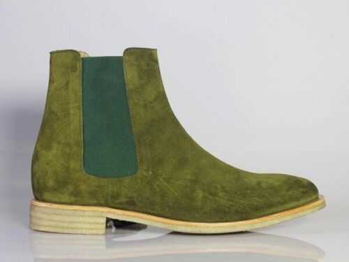 Handmade Chelsea Boot Olive Green Color Side Elastic Slip On Suede Leather Boot