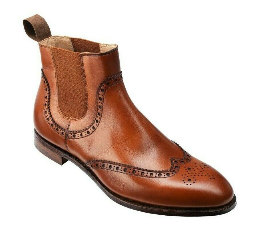 Men Brown Chelsea Jumper Slip On Medallion Toe Wing Tip Leather Ankle High Boot