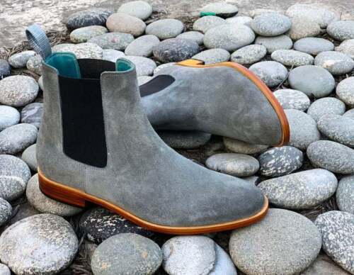 Handmade Men's Gray Suede Chelsea Slip On Boots, Men Fashion Dress Ankle Boots