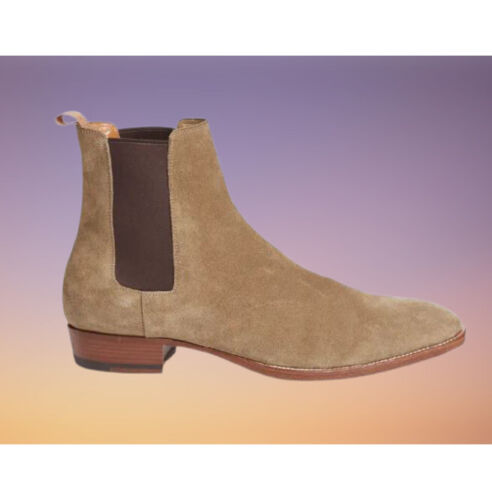 Handmade Mens Beige Suede Chelsea Boots, Men Rock Style Suede Ankle Boot